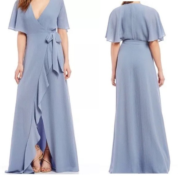Halston Dusty Blue V Neck Ruffle Split Maxi Wrap Dress Gown Size L Short Sleeve - Picture 1 of 13